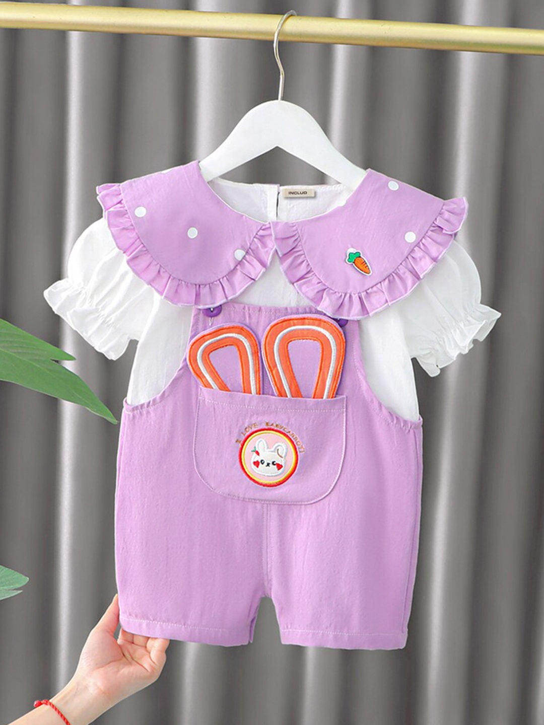 

INCLUD Girls Embroidered Cotton Dungarees with Top, Purple
