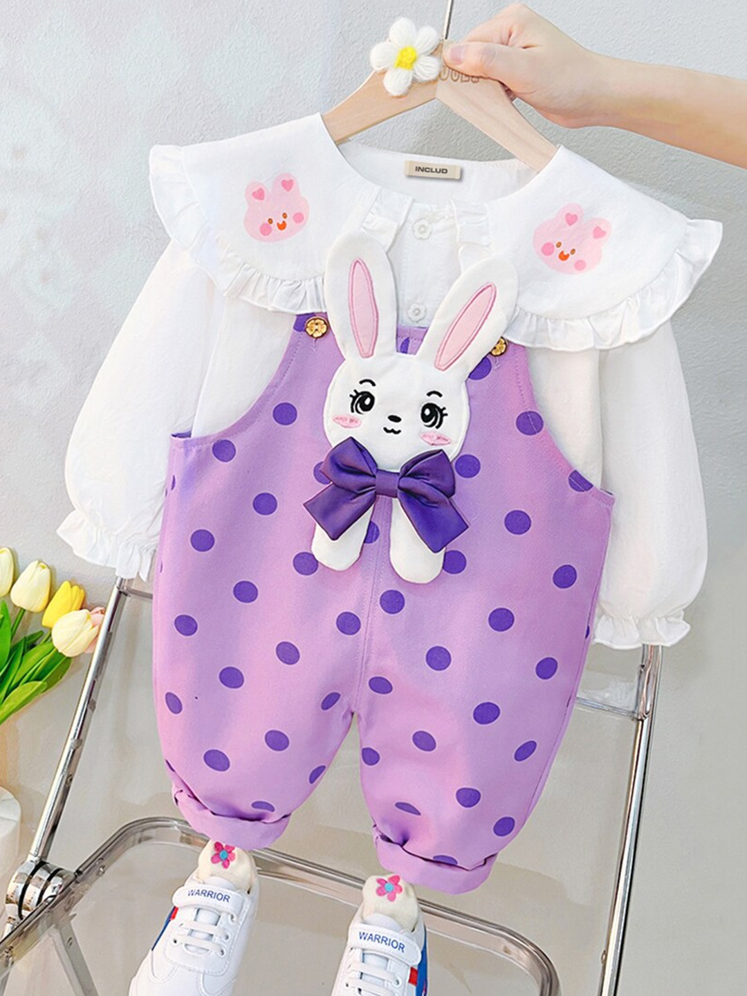 

INCLUD Girls Polka Dots Printed Cotton Dungaree With Top, Purple