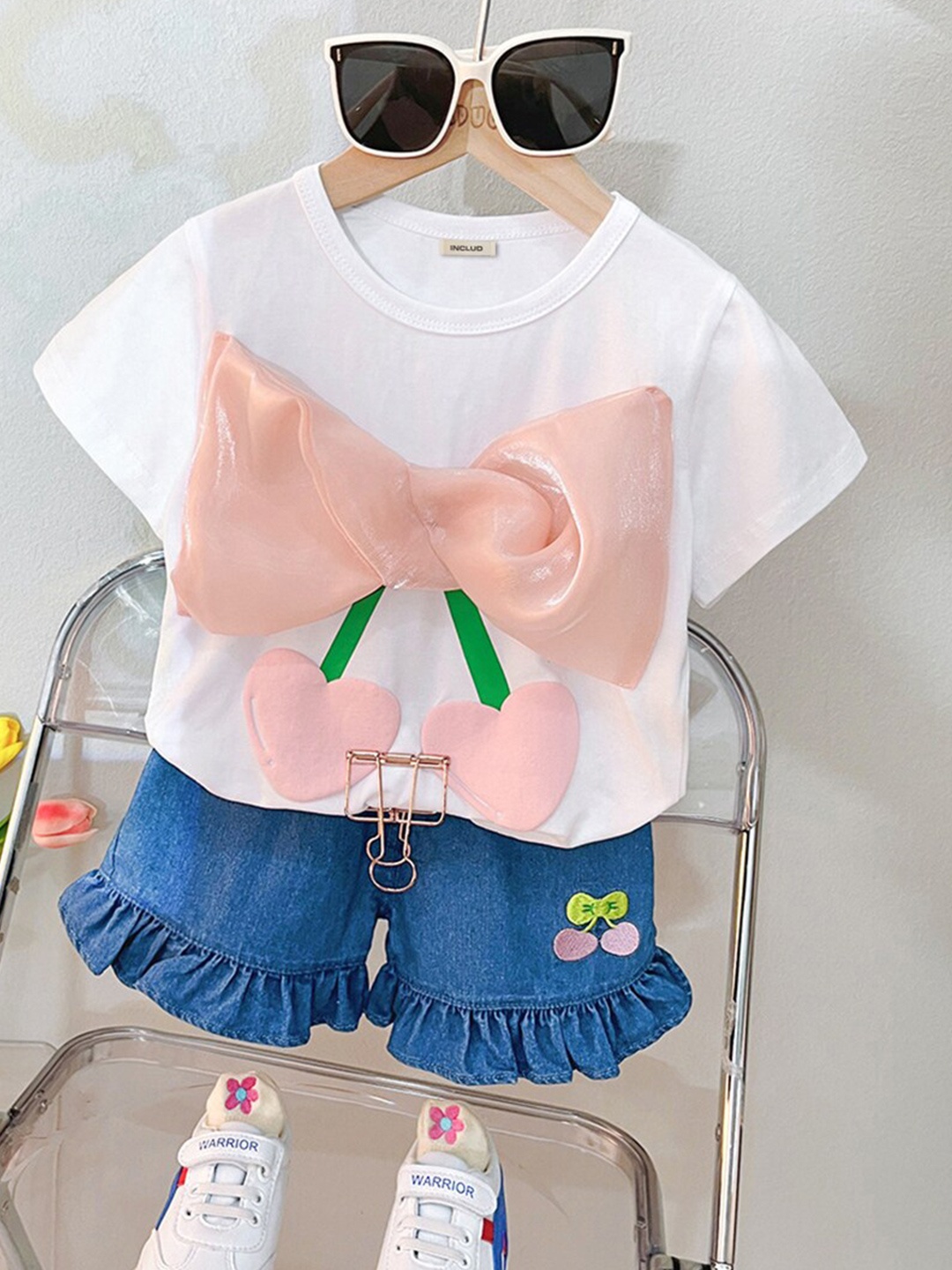 

INCLUD Girls Bow Applique Top With Denim Shorts, White