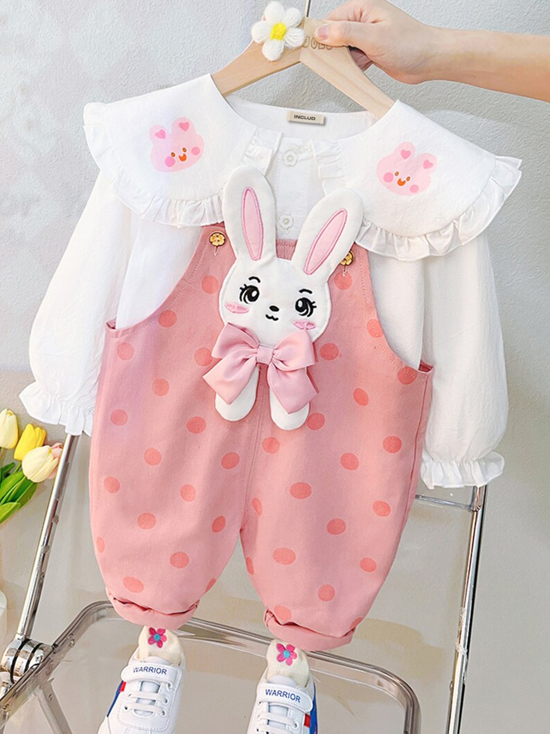 

INCLUD Girls Polka Dots Printed Cotton Dungaree With Top, Pink