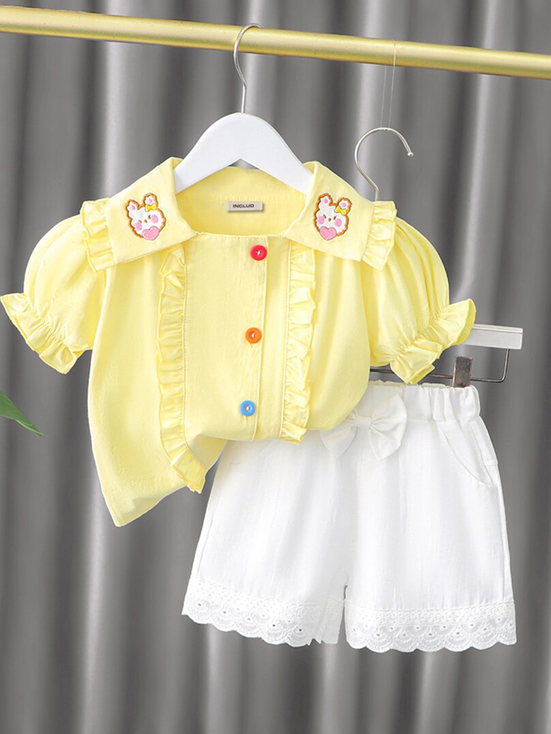 

INCLUD Girls Shirt Collar Puff Sleeve Top with Shorts, Yellow