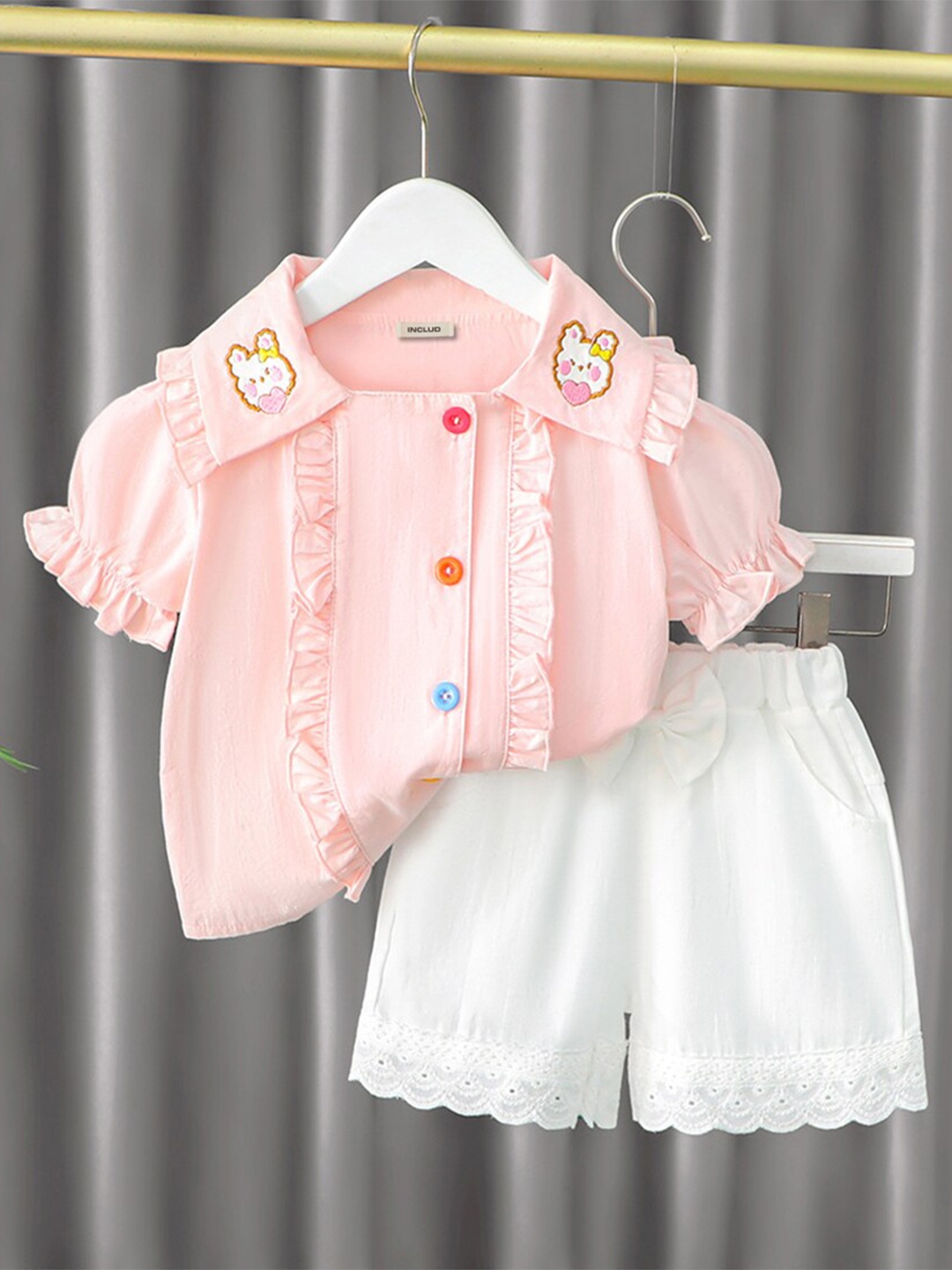 

INCLUD Girls Embroidered Shirt Collar Ruffled Top with Lace Detail Shorts, Pink