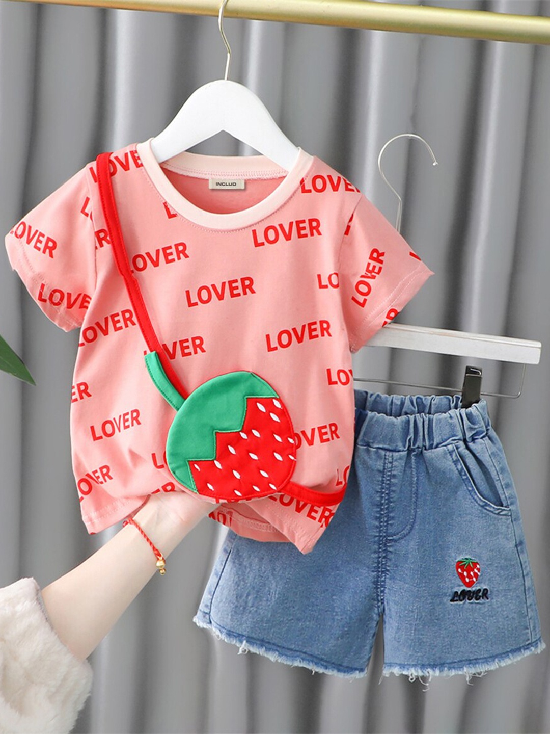 

INCLUD Girls Printed Applique Detail T-shirt with Denim Shorts, Red