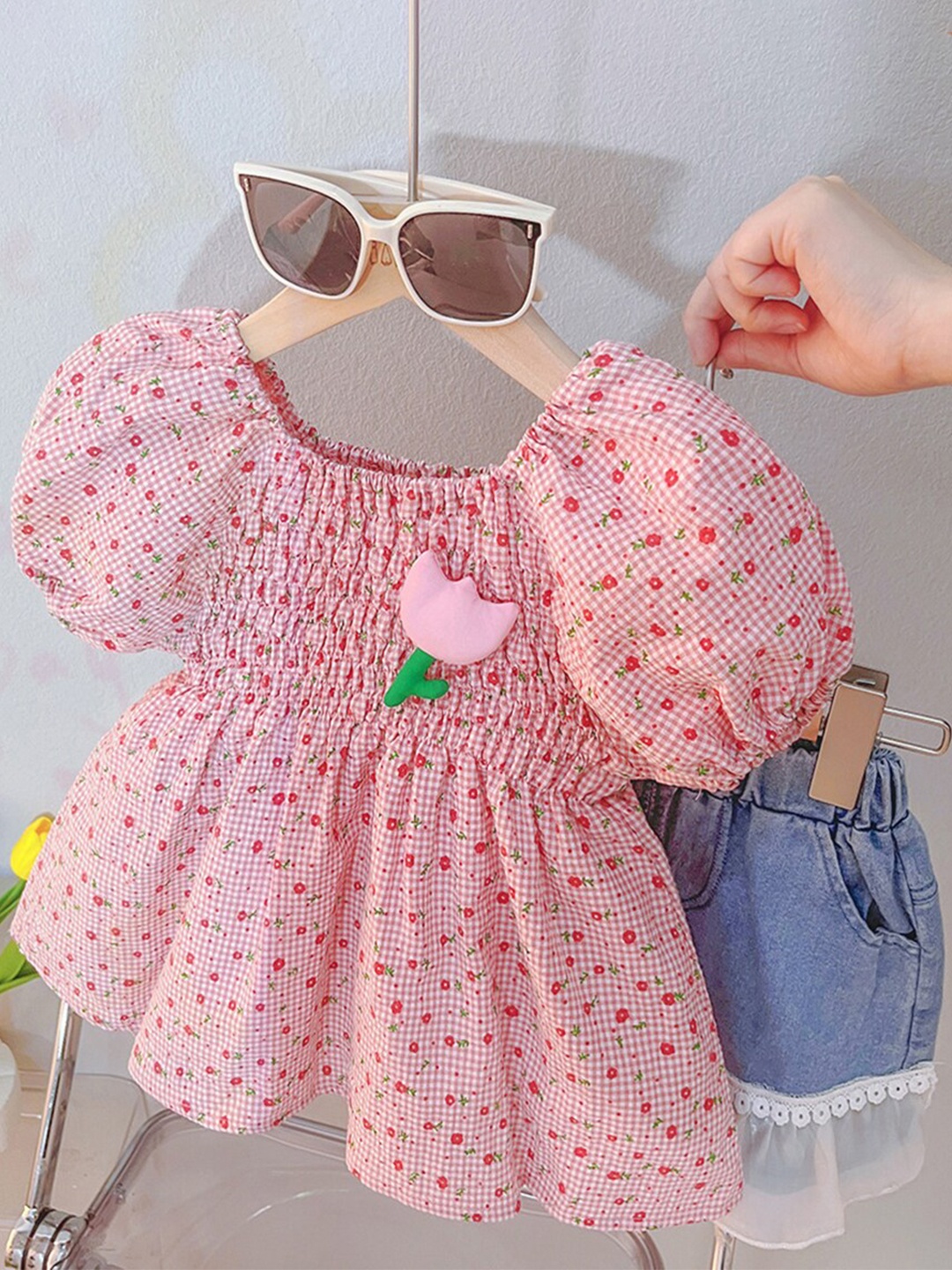 

INCLUD Girls Printed Smocked Top with Shorts, Red