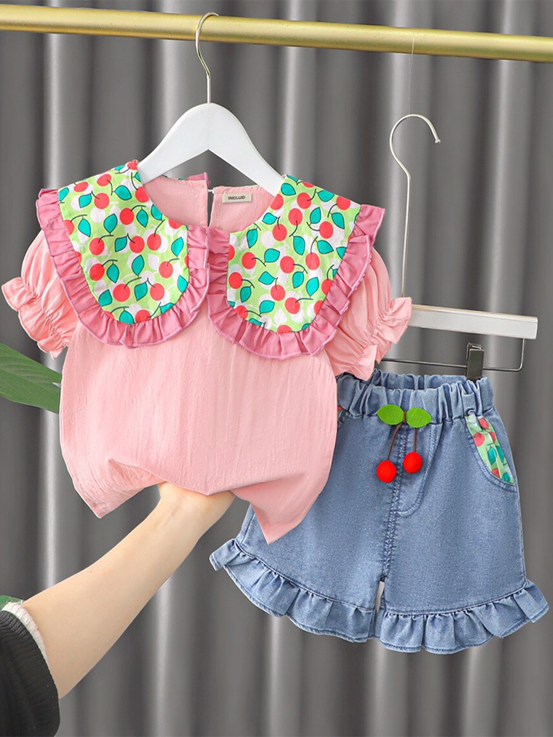 

INCLUD Girls Printed Cotton Top with Denim Shorts, Pink