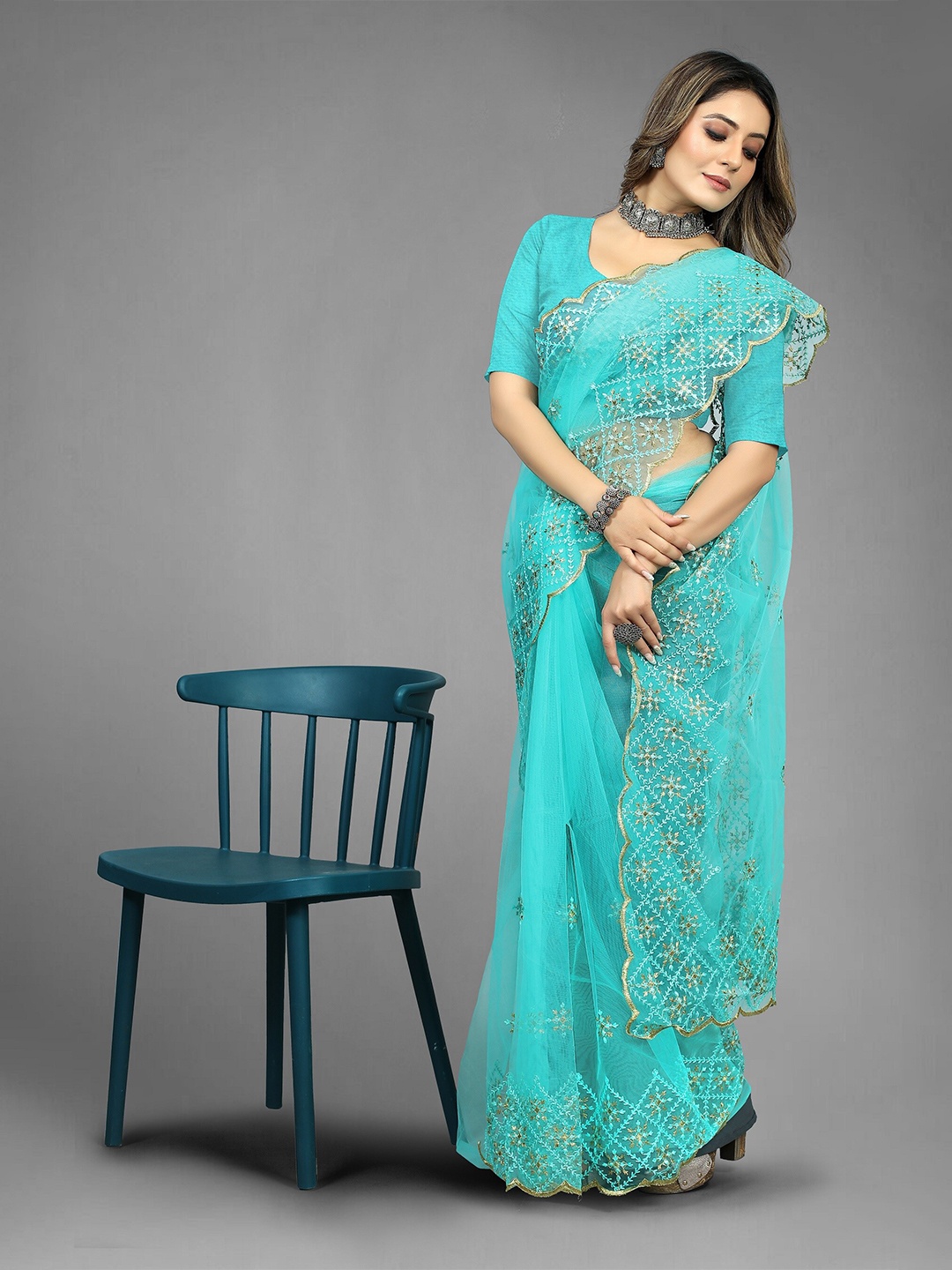 

BARKIYA CREATION Ethnic Motifs Embroidered Cut Work Net Saree, Turquoise blue