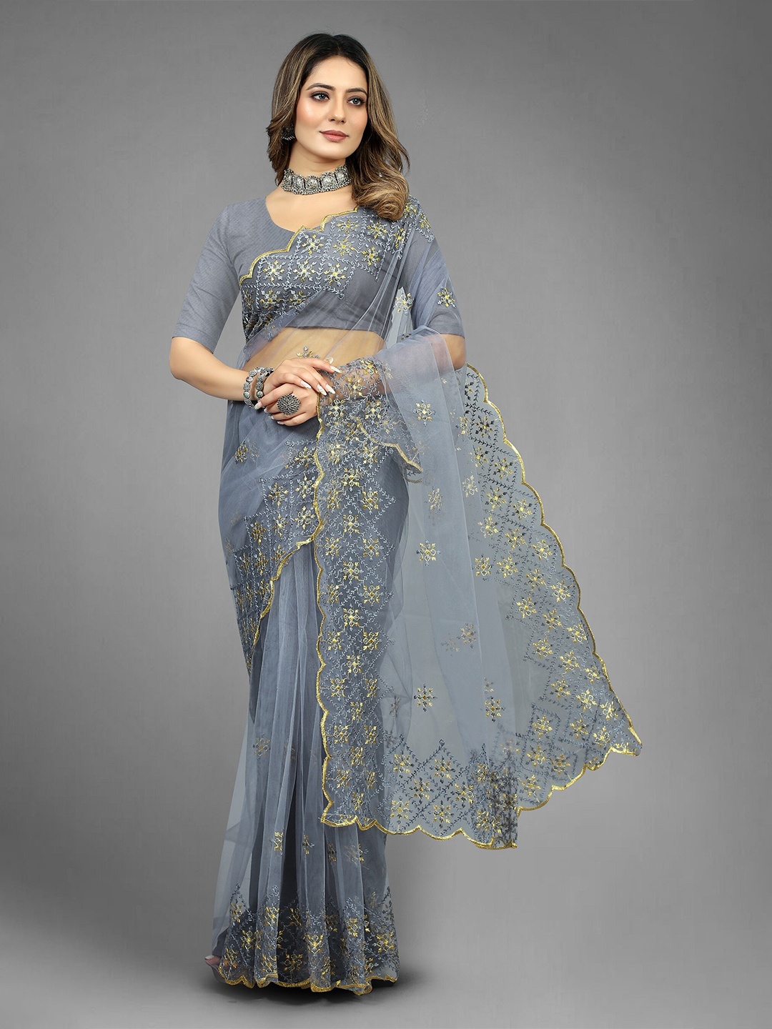 

BARKIYA CREATION Ethnic Motifs Embroidered Cut Work Net Saree, Grey