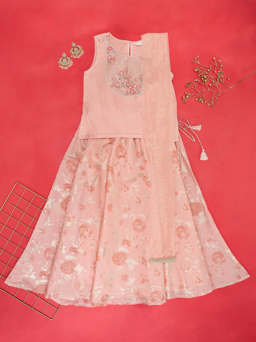 

AKKRITI BY PANTALOONS Girls Embroidered Ready to Wear Lehenga & Blouse With Dupatta, Peach