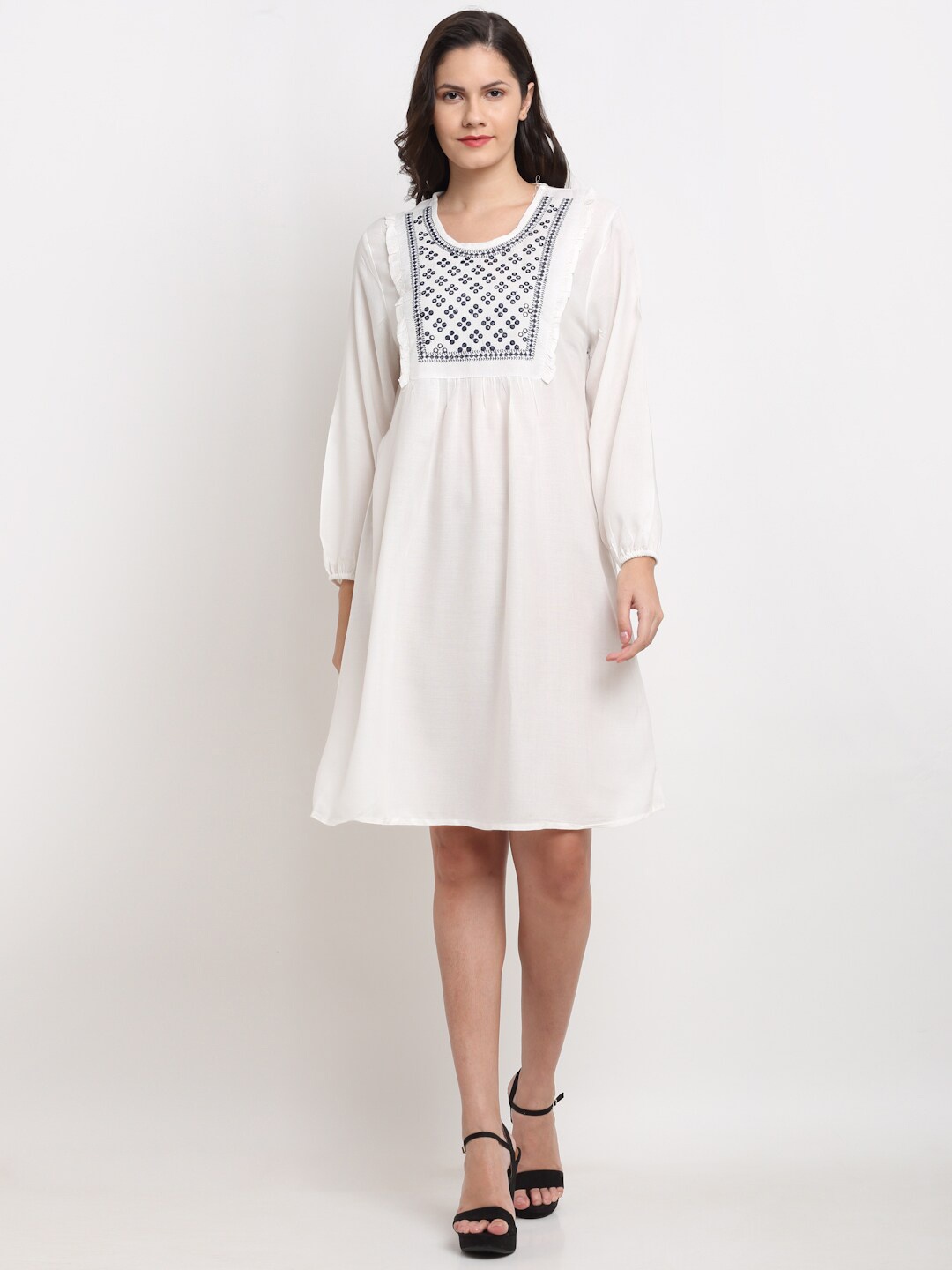 

Miaz Lifestyle Geometric Embroidered Puff Sleeve A-Line Dress, White