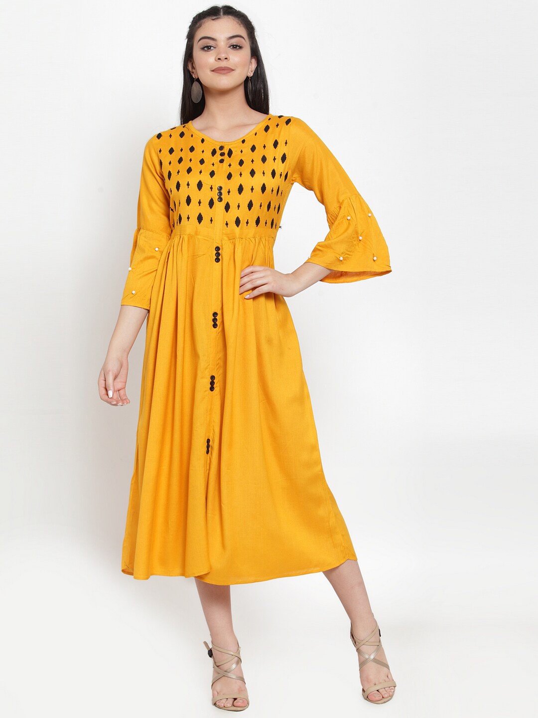 

Miaz Lifestyle Round Neck Bell Sleeves Geometric Printed Fit & Flare Midi Dress, Yellow