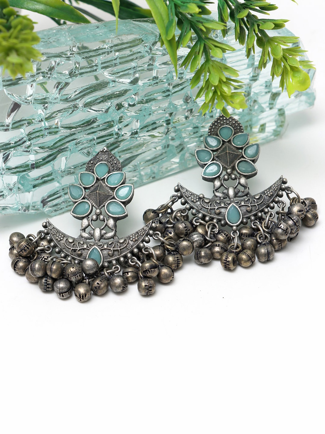 

Ozanoo Silver-Plated Artificial Stones Studded Beads Beaded Floral Jhumkas Earrings, Sea green