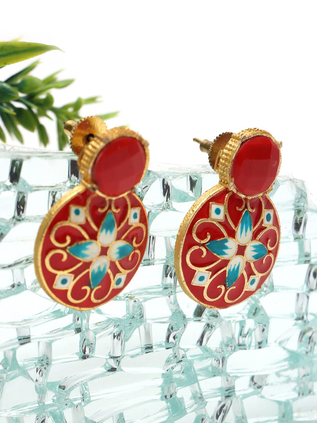 

Ozanoo Gold-Plated Artificial Stones Studded Floral Drop Earrings, Red