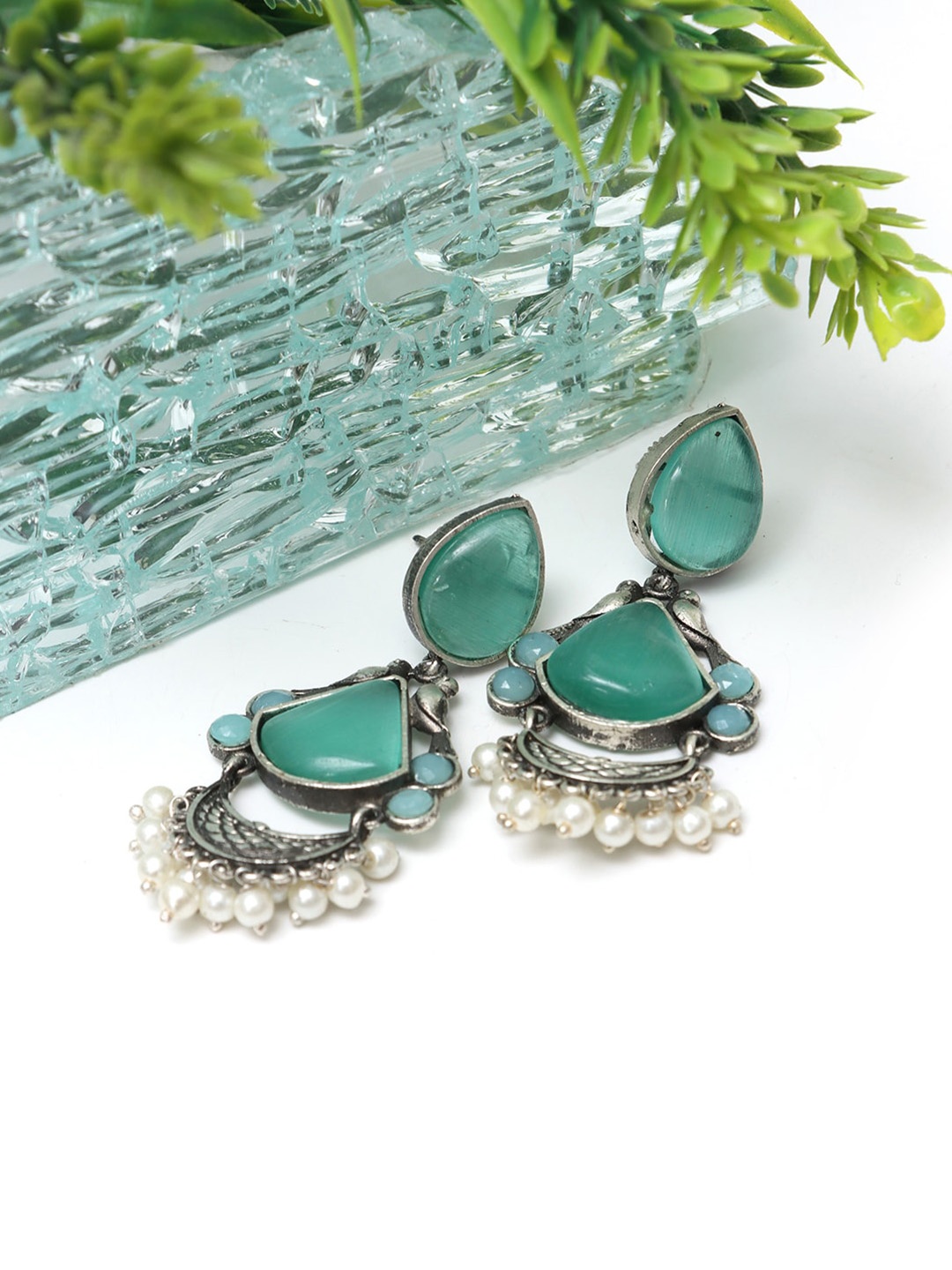 

Ozanoo Silver-Plated Artificial Stones Studded Drop Earrings, Sea green