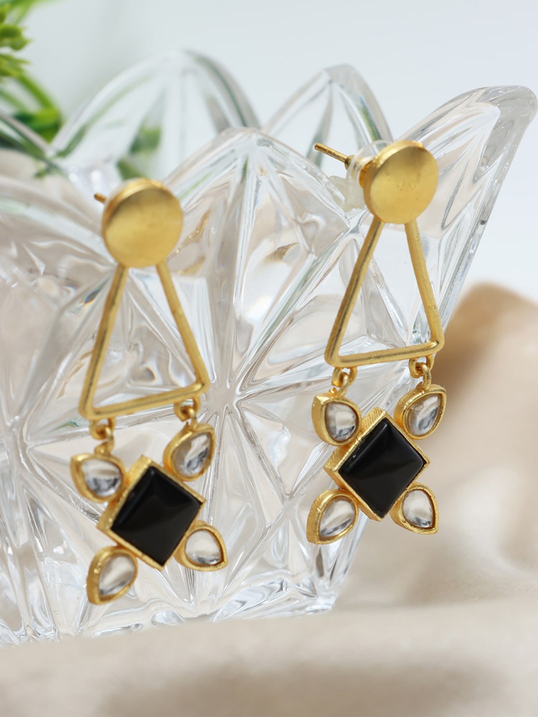 

Ozanoo Gold-Plated Artificial Stones Studded Geometric Drop Earrings, Black