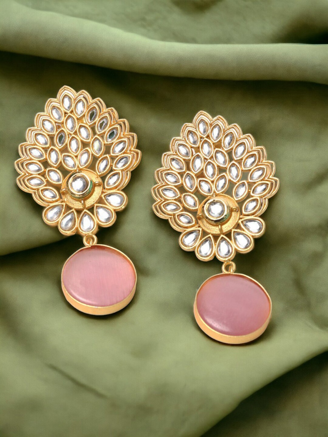 

Ozanoo Gold Plated Stone Studded & Beaded Contemporary Drop Earrings