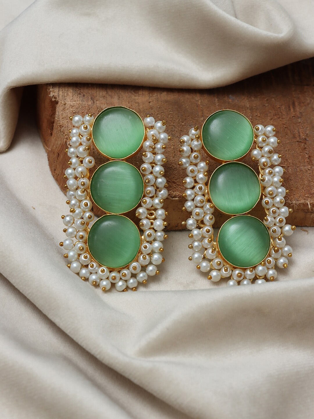 

Ozanoo Gold Plated Beaded & Stone Studded Drop Earrings