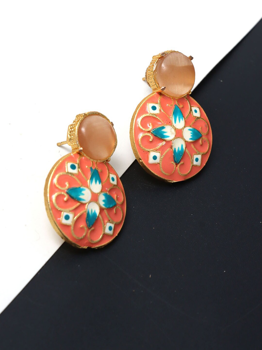 

Ozanoo Gold-Plated Artificial Stones Studded Floral Drop Earrings, Orange