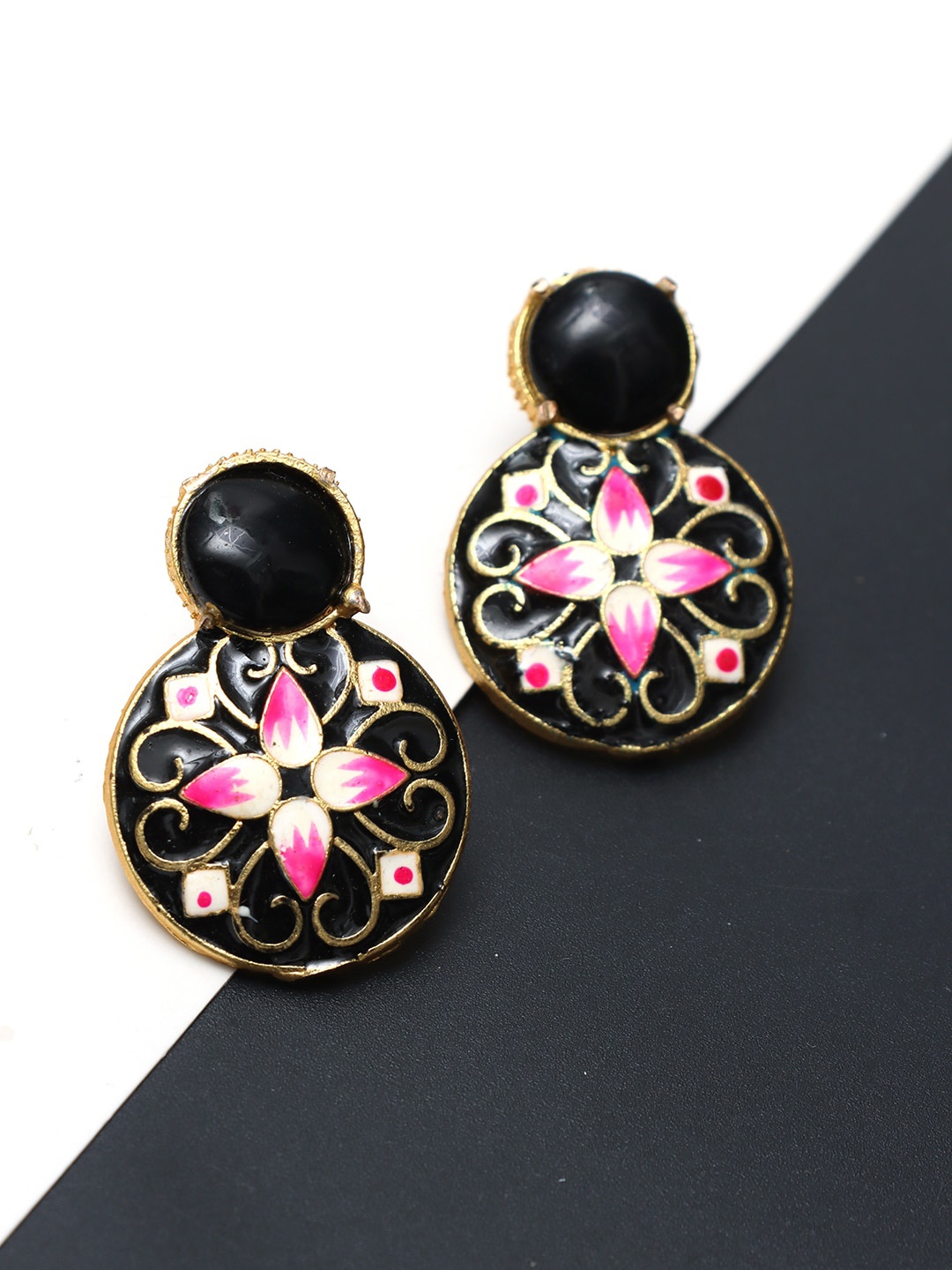 

Ozanoo Gold-Plated Floral Meenakari Drop Earrings, Black