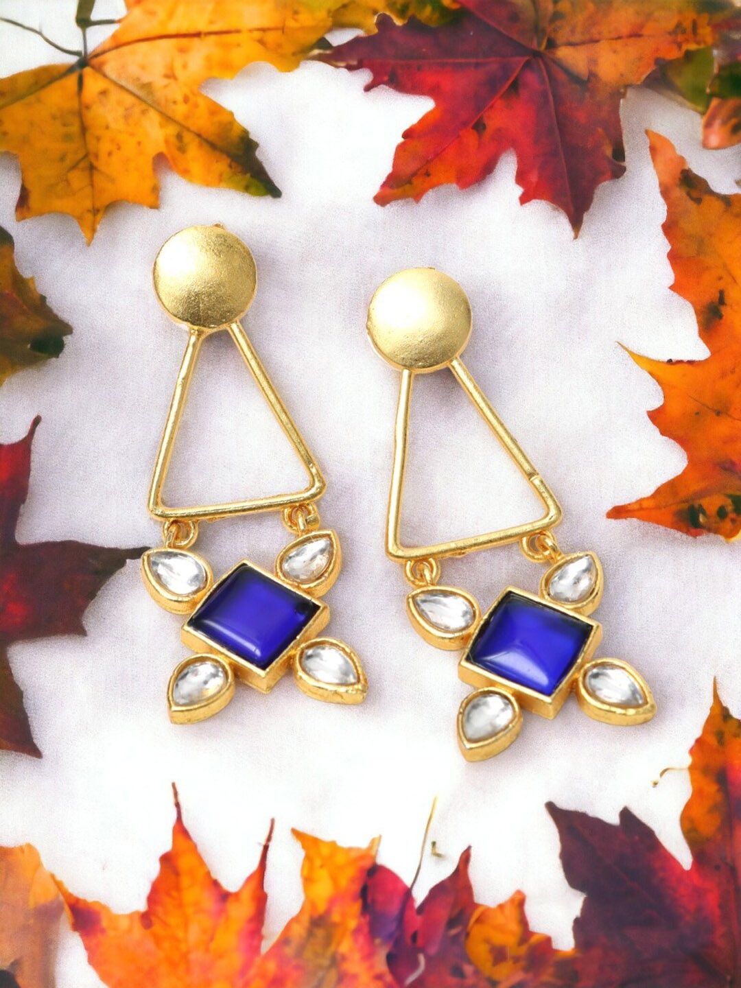 

Ozanoo Gold-Plated Artificial Stones Studded Geometric Drop Earrings, Blue