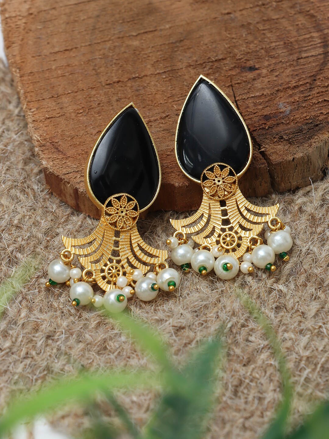 

Ozanoo Gold-Plated Floral Artificial Stones Studded Beads Beaded Drop Earrings
