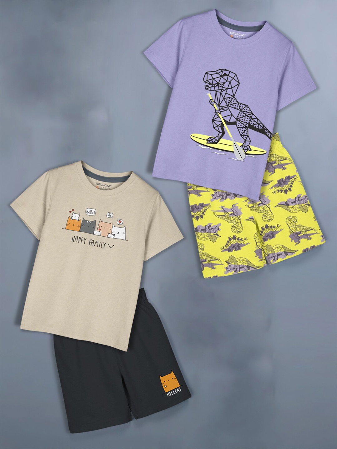 

HELLCAT Girls Pack Of 2 Printed T-shirt with Shorts, Lavender