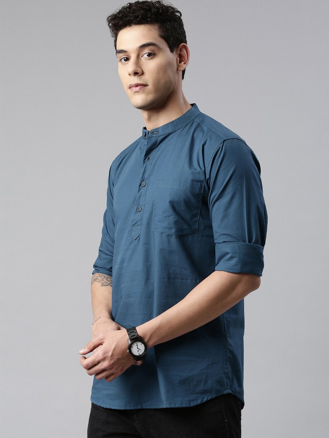 

THE SOUL PATROL Band Collar Pure Cotton Straight Kurta, Teal