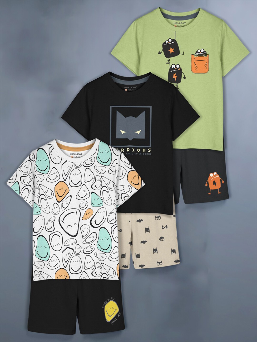 

HELLCAT Girls Pack Of 3 Printed Round Neck T-shirt with Shorts, Black
