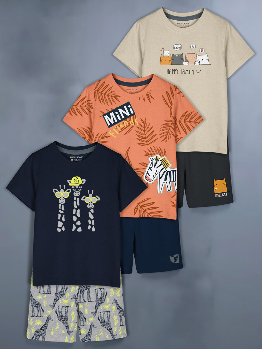 

HELLCAT Pack Of 3 Girls Printed Top with Shorts, Beige