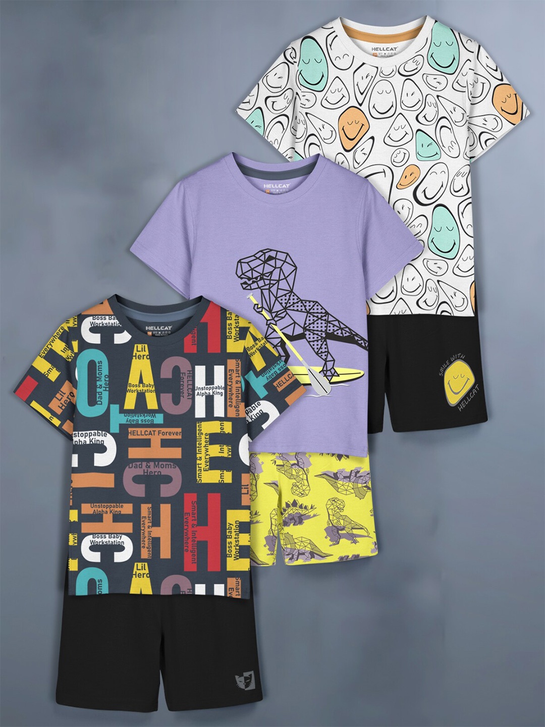 

HELLCAT Girls Pack Of 3 Printed T-Shirt With Shorts, Purple