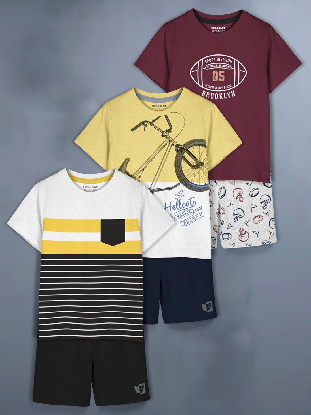 

HELLCAT Boys Pack Of 3 Printed T-shirt with Shorts, Yellow