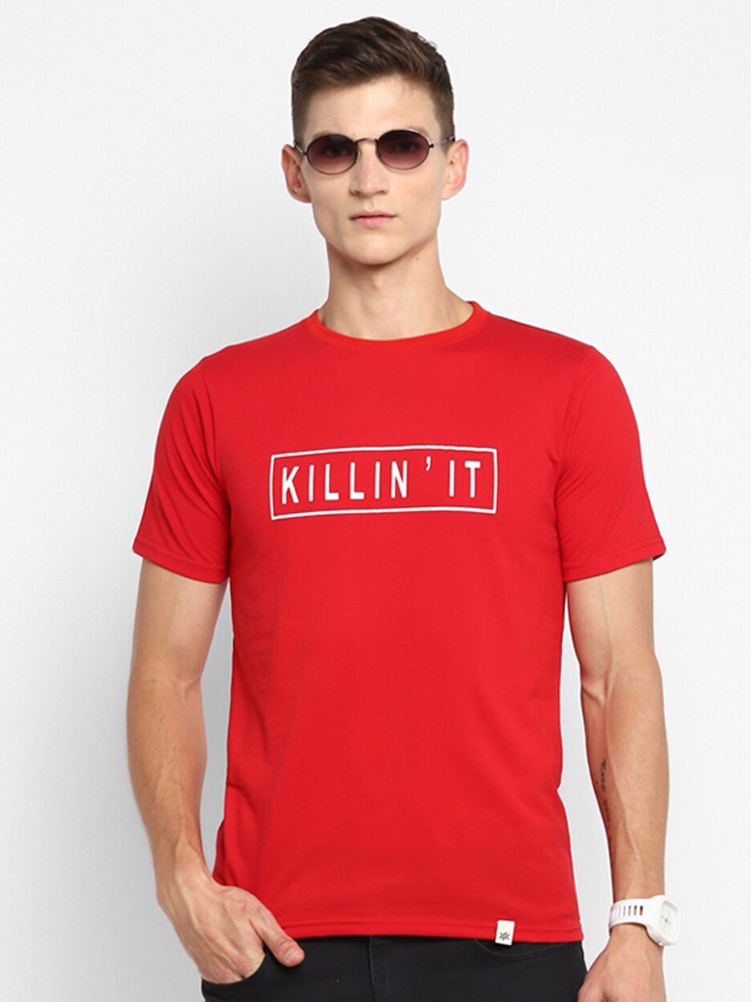 

Bukkl Typography Printed Cotton Slim Fit T-shirt, Red
