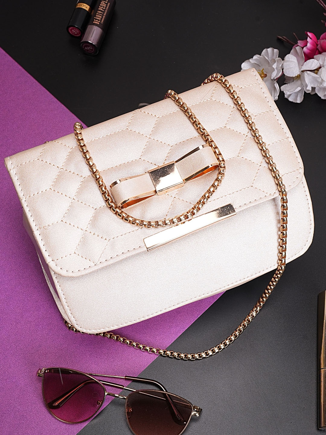 

MEHNAM Textured Structured Sling Bag With Quilted, Beige