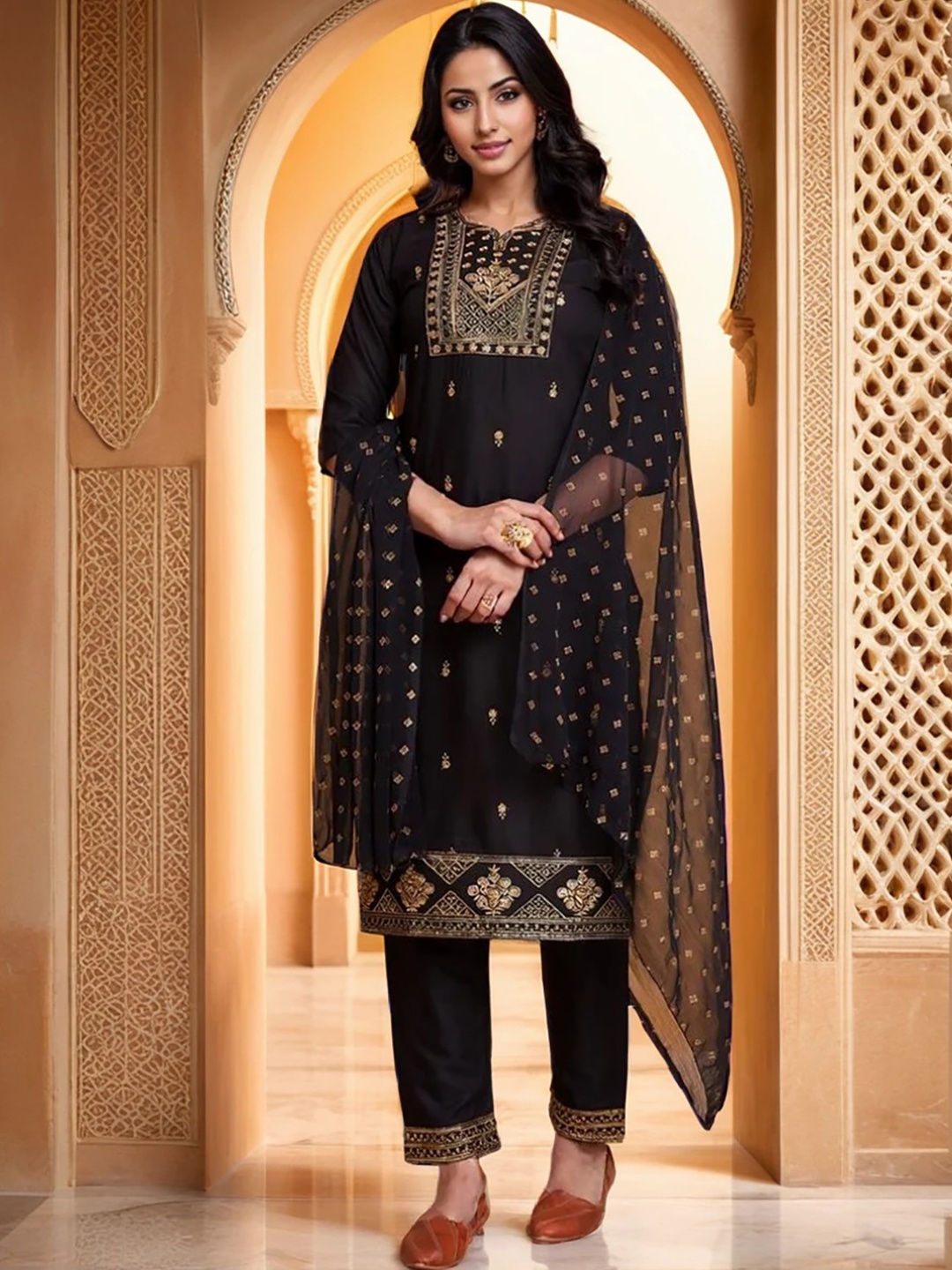 

KALINI Ethnic Motifs Embroidered Regular Sequinned Kurta Set With Dupatta, Black