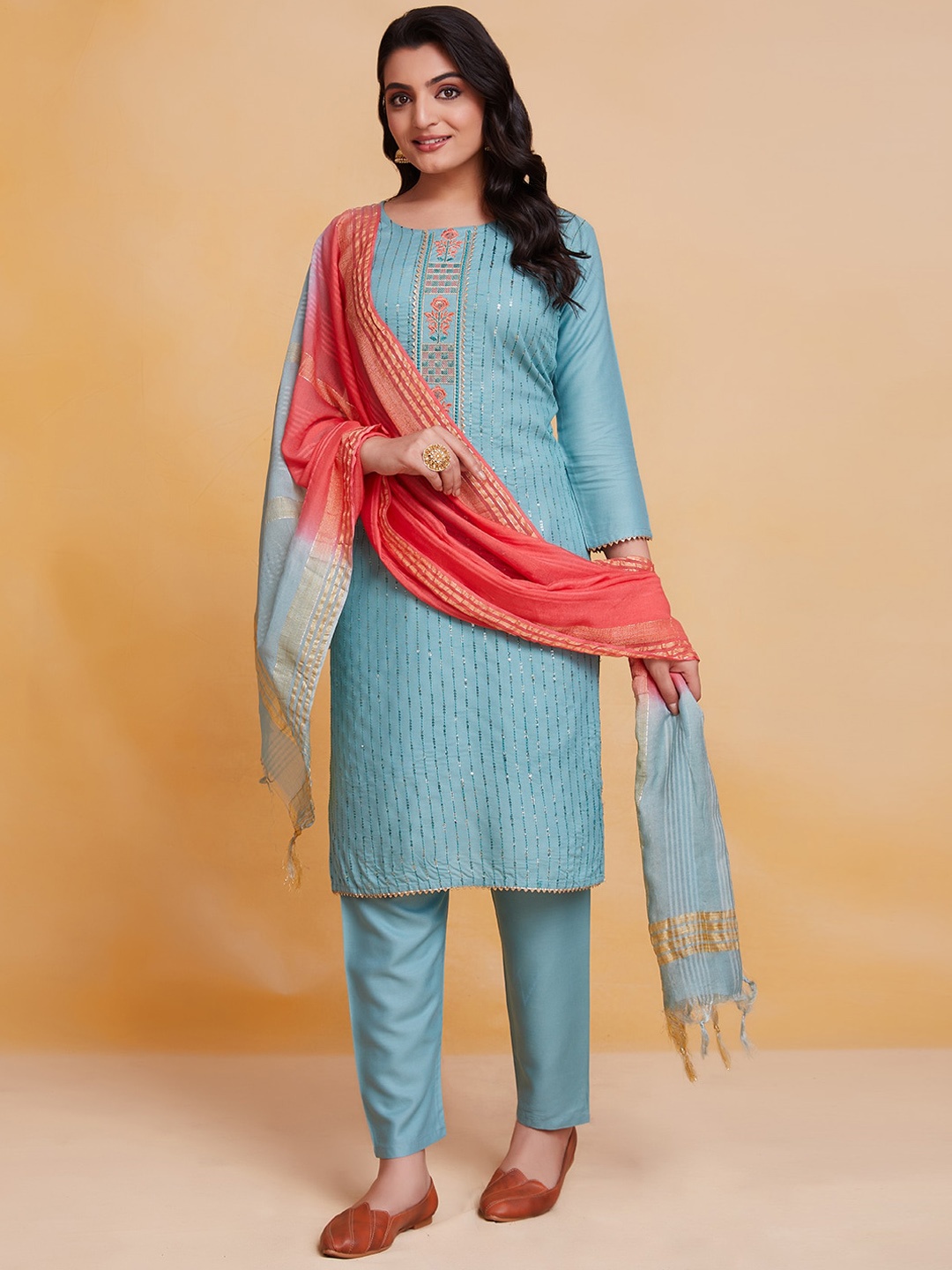 

KALINI Ethnic Motifs Embroidered Regular Sequinned Kurta With Trousers & Dupatta, Blue