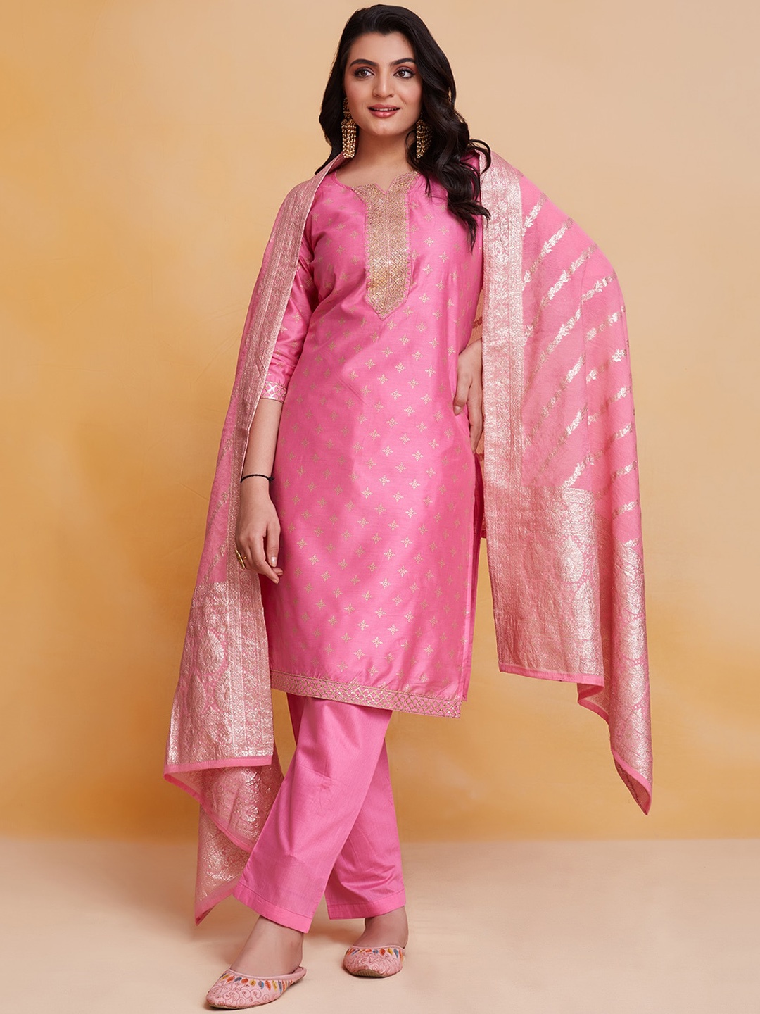 

KALINI Ethnic Motifs Printed Thread Work Kurta With Trousers & Dupatta, Pink