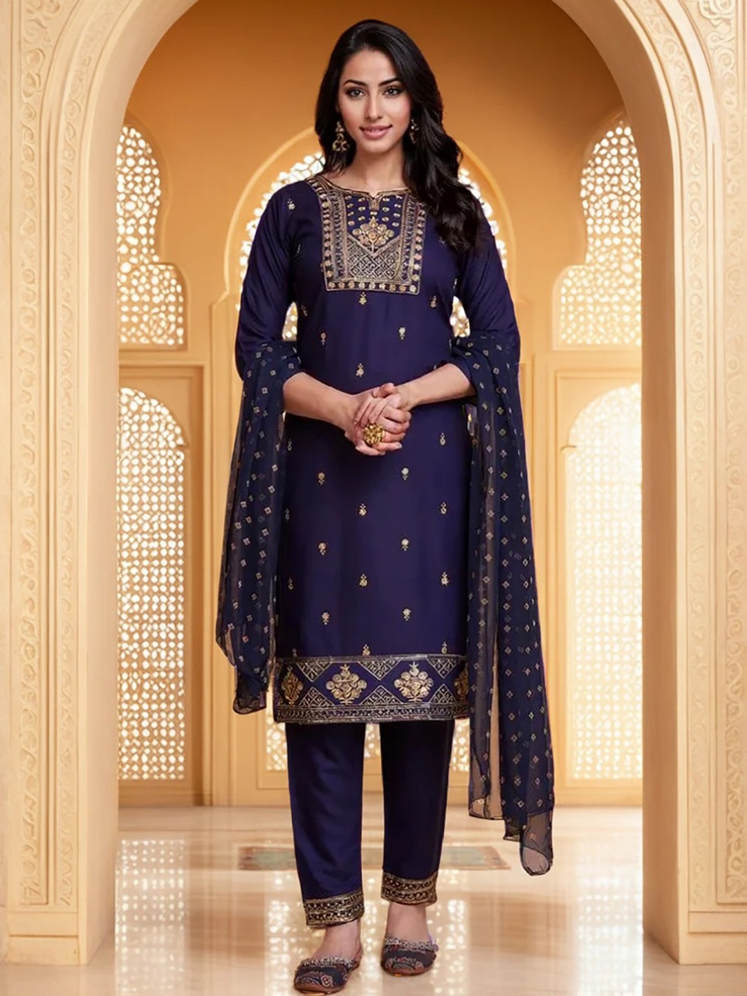 

KALINI Ethnic Motifs Embroidered Straight Kurta with Trousers & With Dupatta, Navy blue