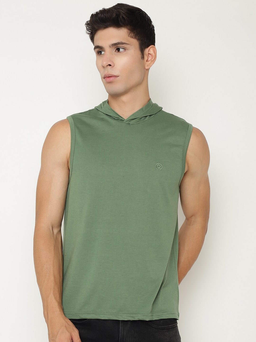 

CHKOKKO Hooded Raw Edge Sleeveless Regular Fit T-shirt, Green