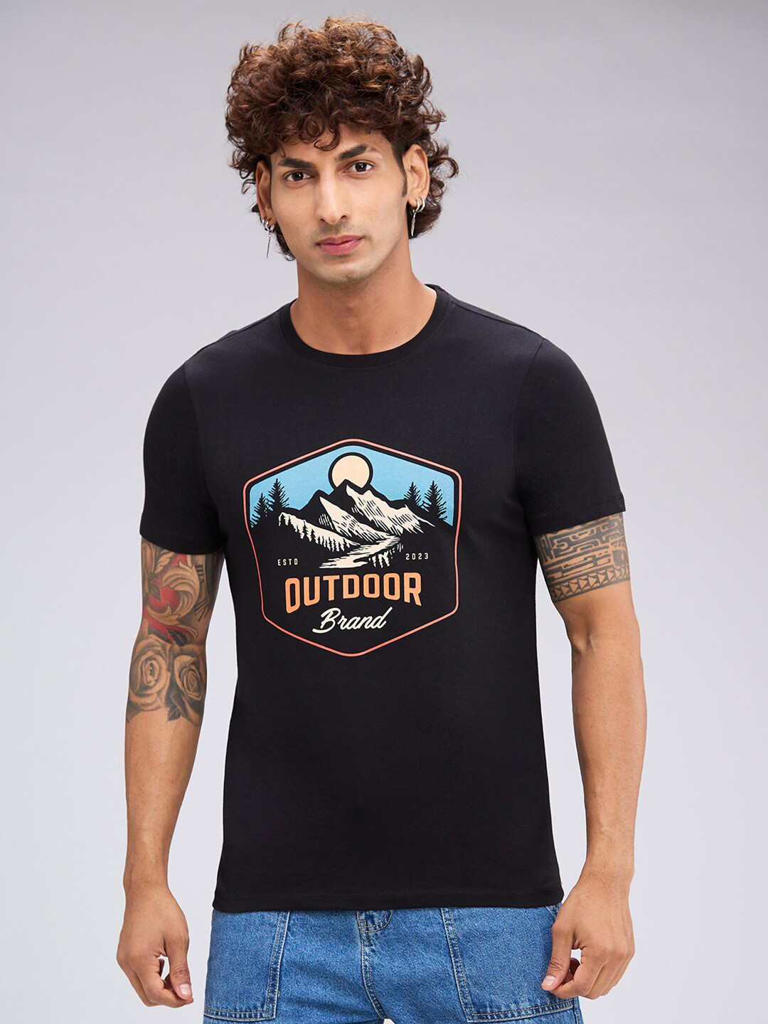 

NOIRA Graphic Printed Round Neck Cotton T-shirt, Black