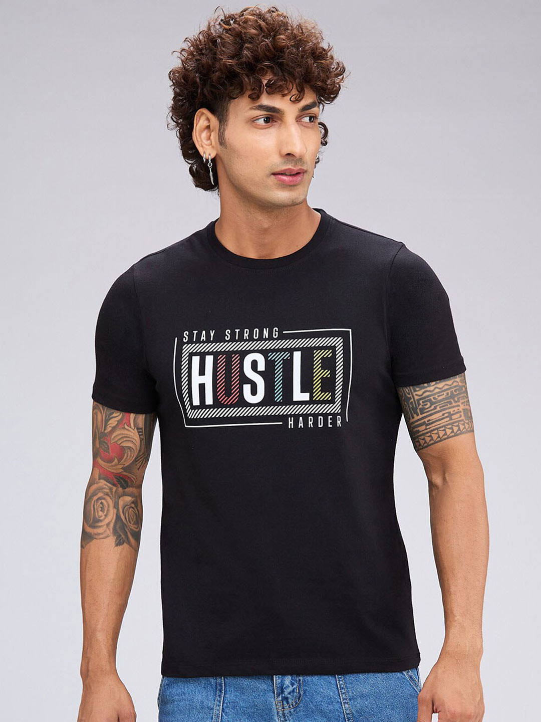 

NOIRA Typography Printed Cotton Casual T-shirt, Black