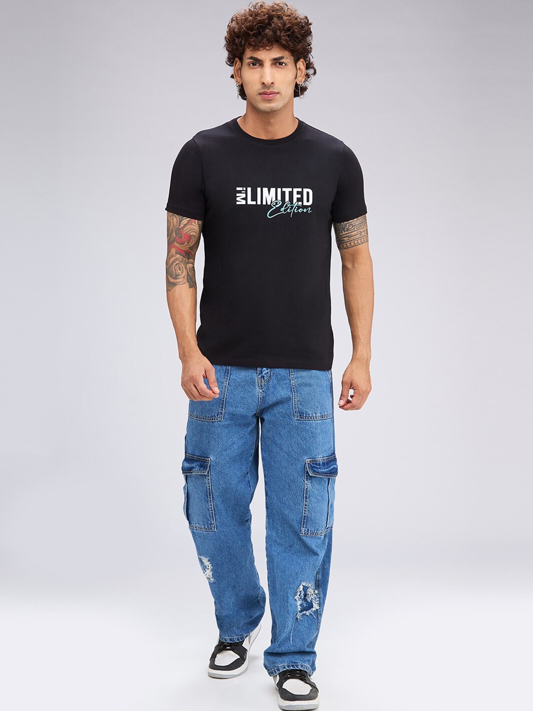 

NOIRA Typography Printed Cotton Casual T-shirt, Black
