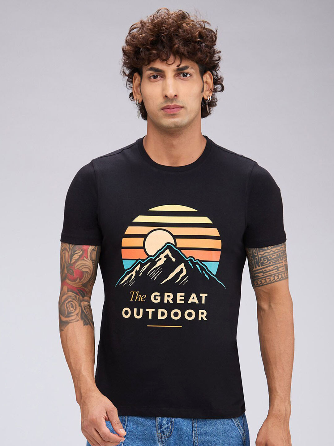 

NOIRA Graphic Printed Cotton Casual T-shirt, Black