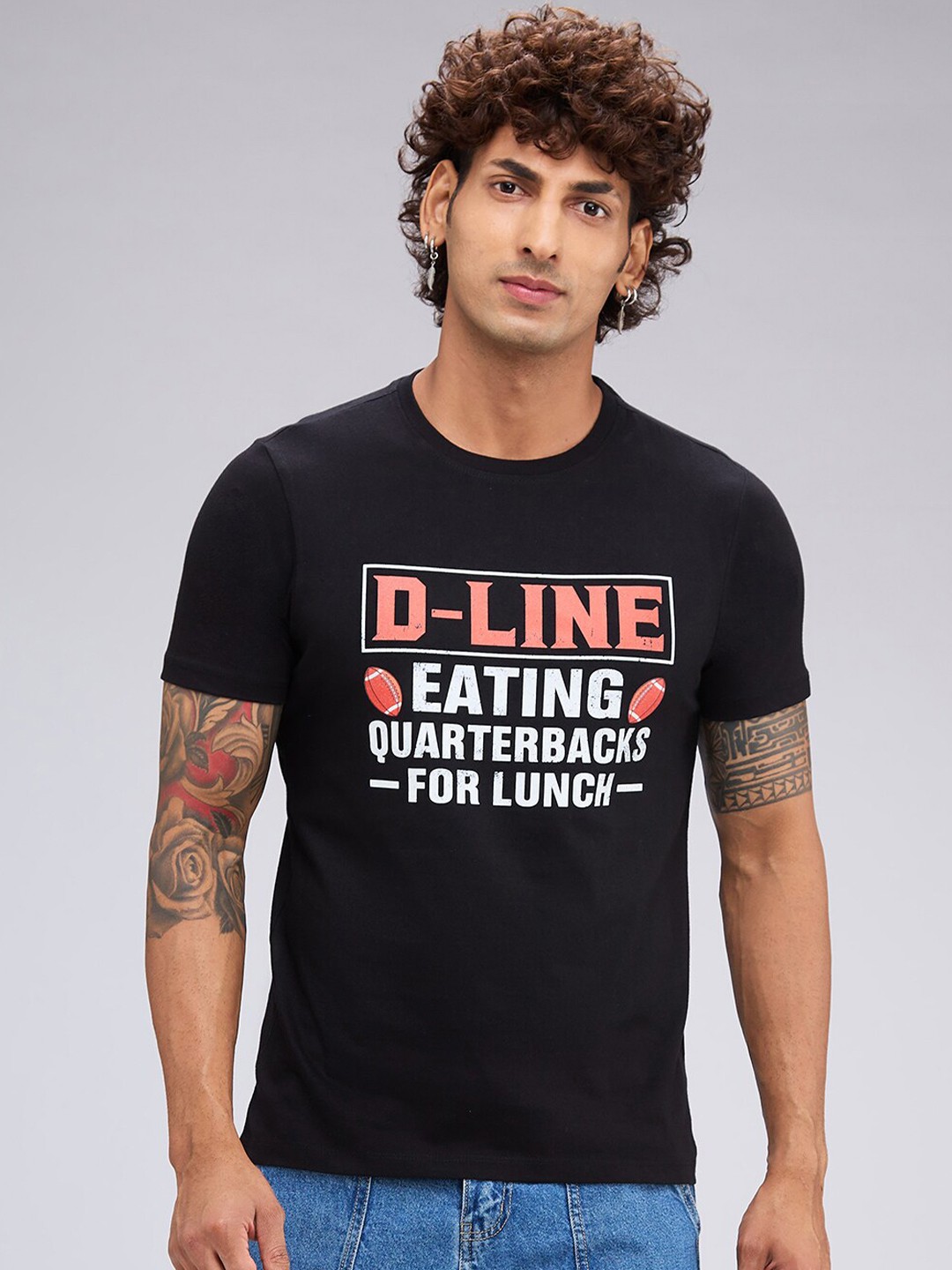 

NOIRA Typography Printed Round Neck Cotton T-shirt, Black