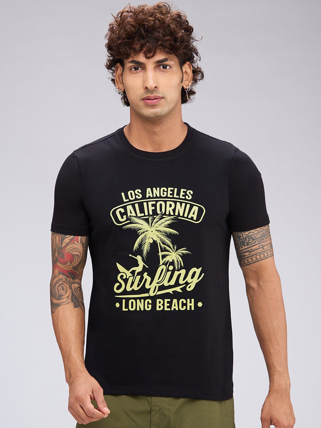 NOIRA Typography Printed Cotton T-Shirt, Black