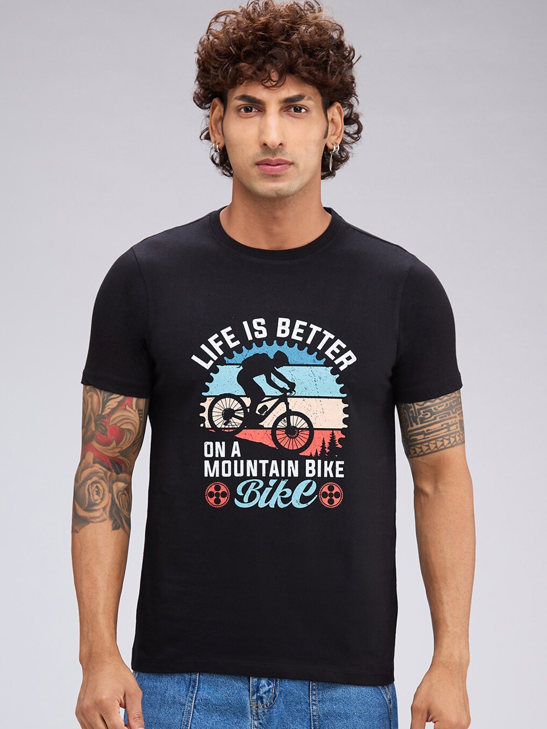 

NOIRA Typography Printed Round Neck Cotton T-shirt, Black