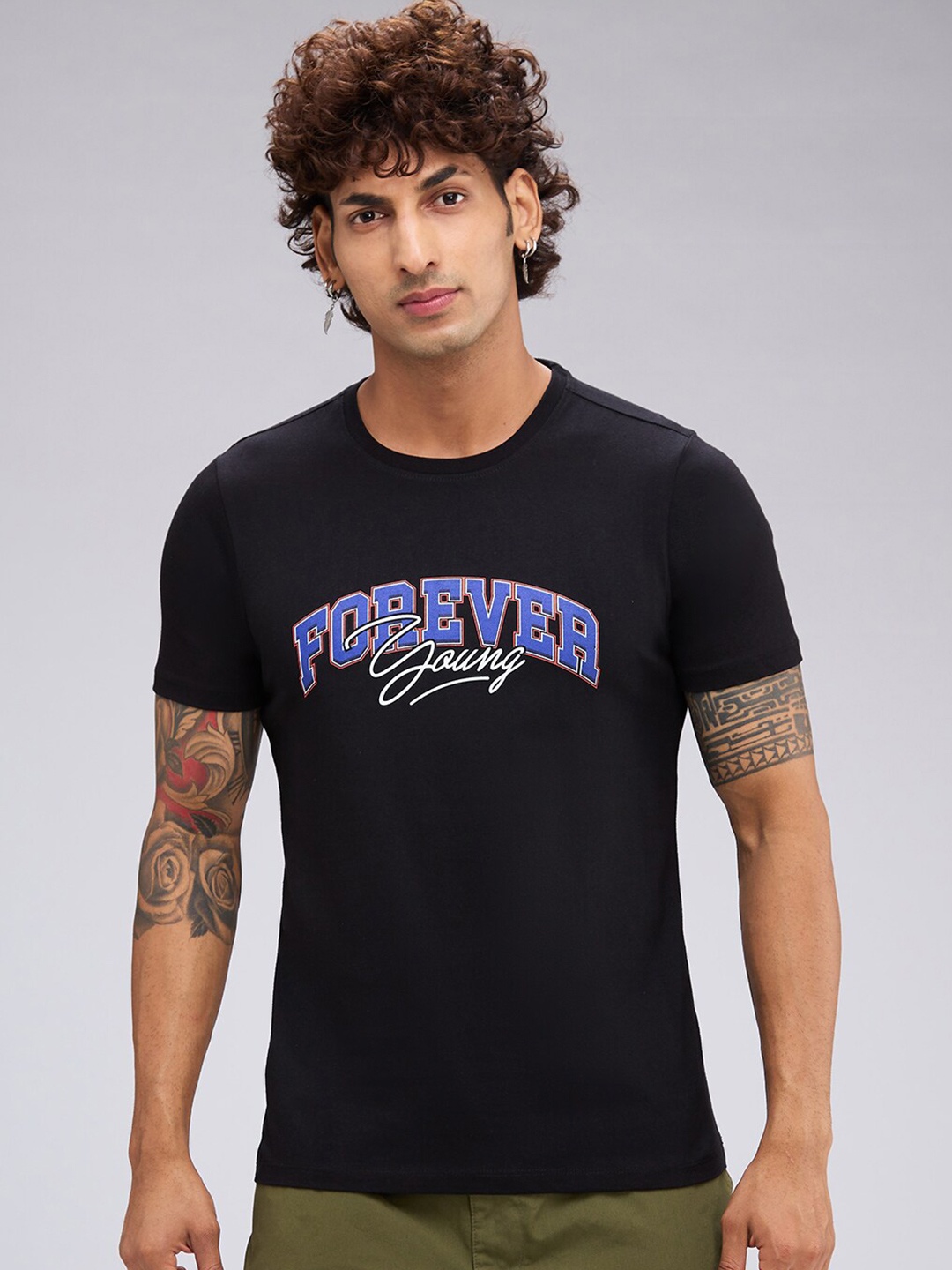 

NOIRA Typography Printed Cotton Casual T-shirt, Black