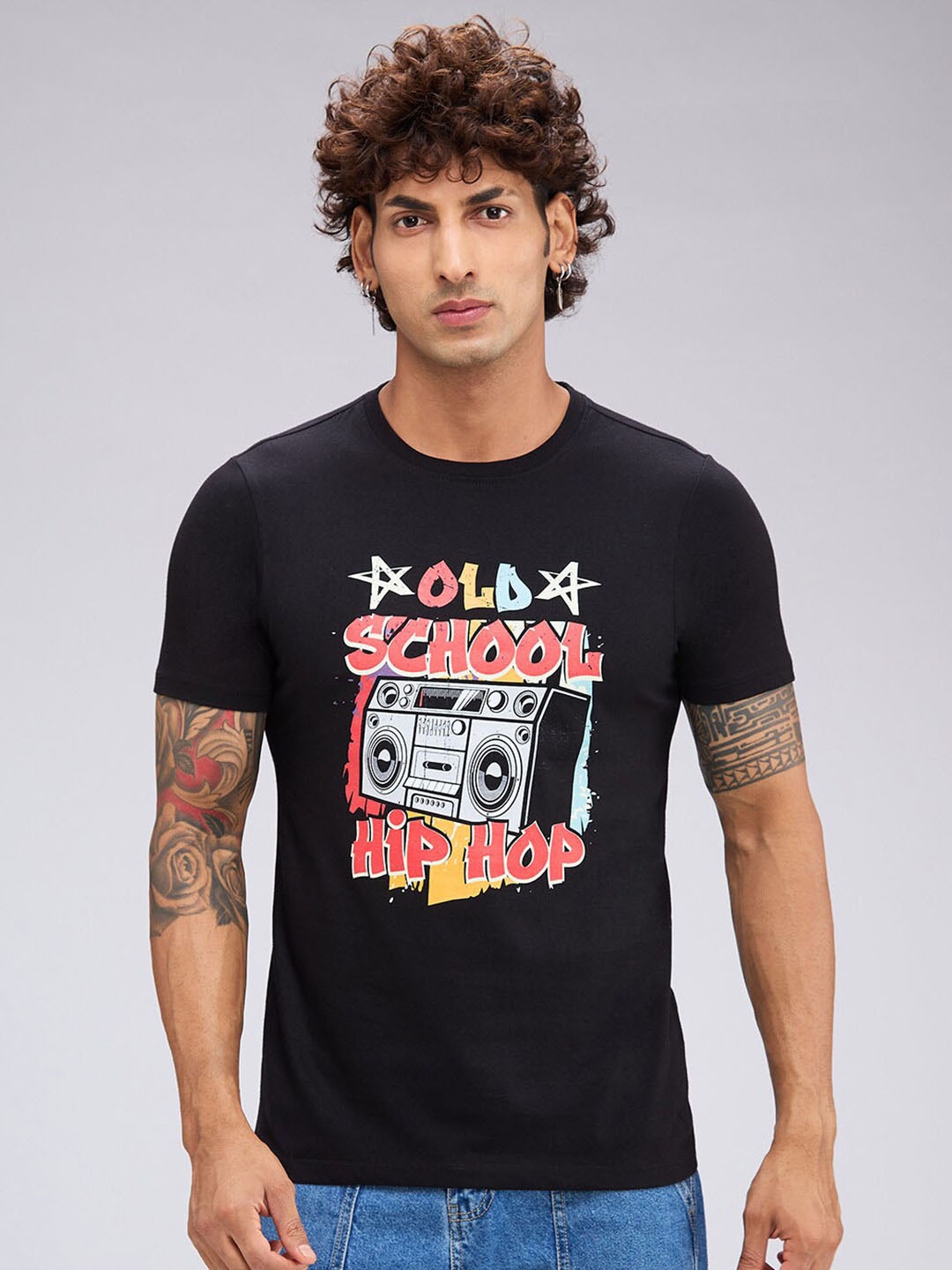 

NOIRA Graphic Printed Cotton Casual T-shirt, Black