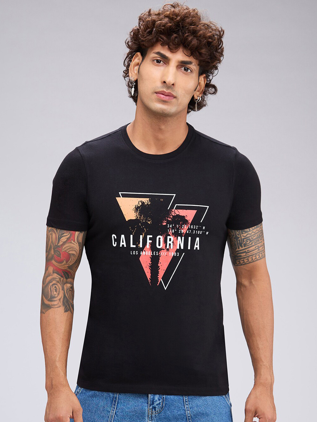 

NOIRA Typography Printed Round Neck Cotton T-shirt, Black