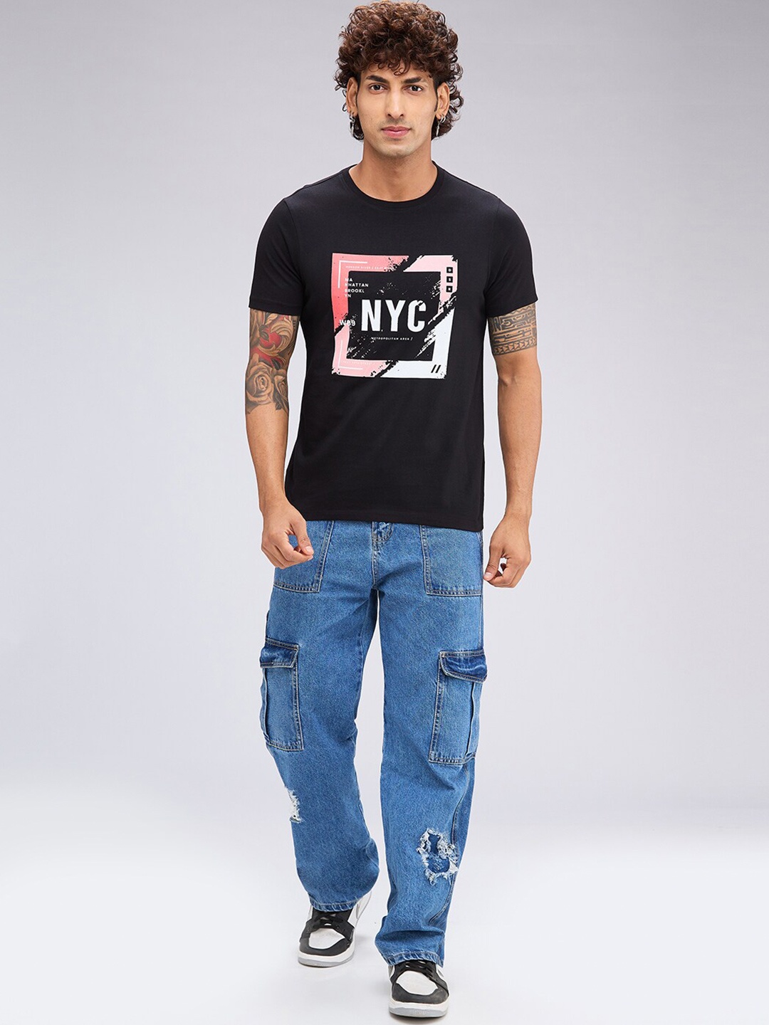 

NOIRA Typography Printed Cotton Casual T-shirt, Black
