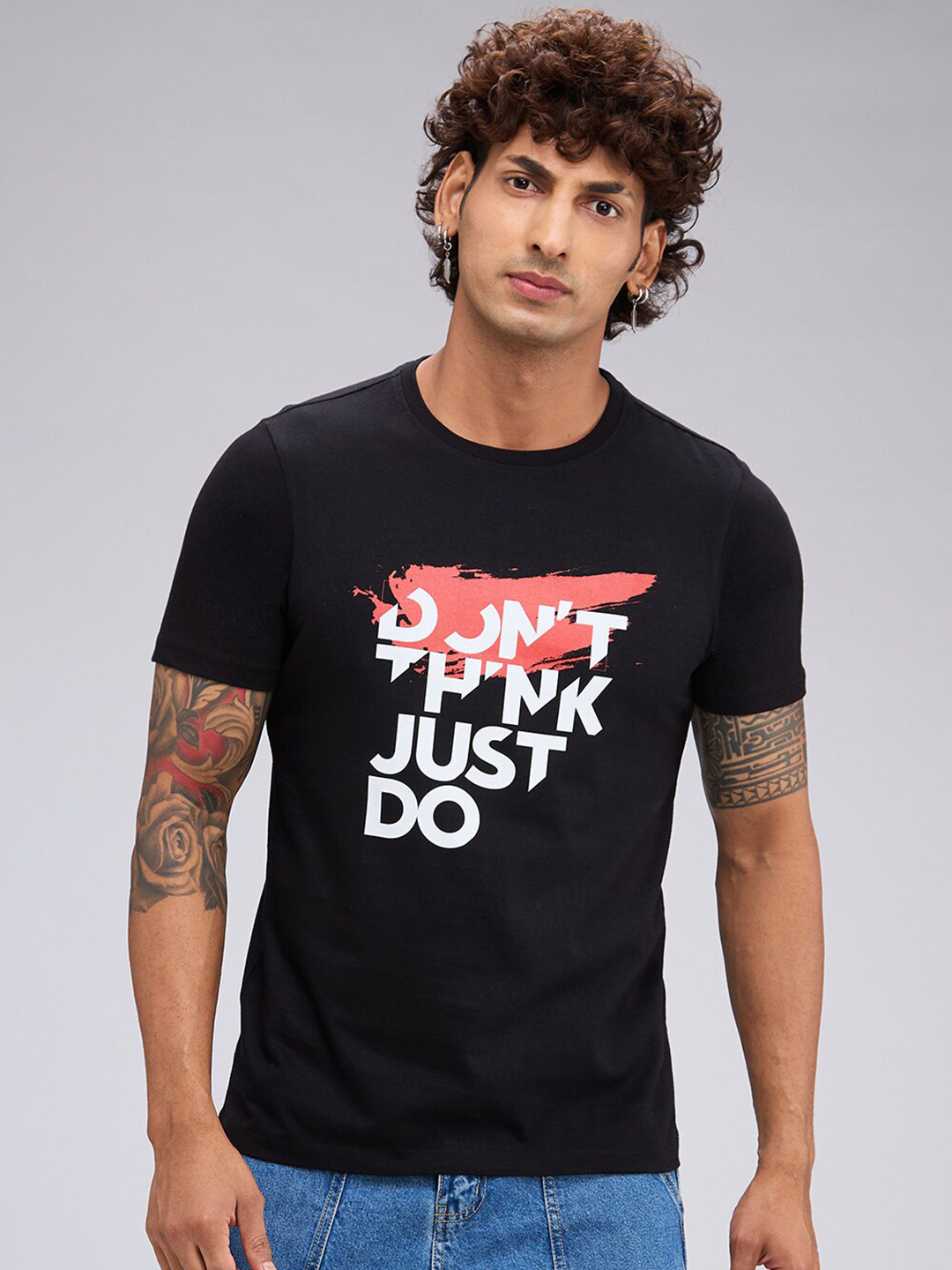 

NOIRA Typography Printed Cotton Casual T-shirt, Black