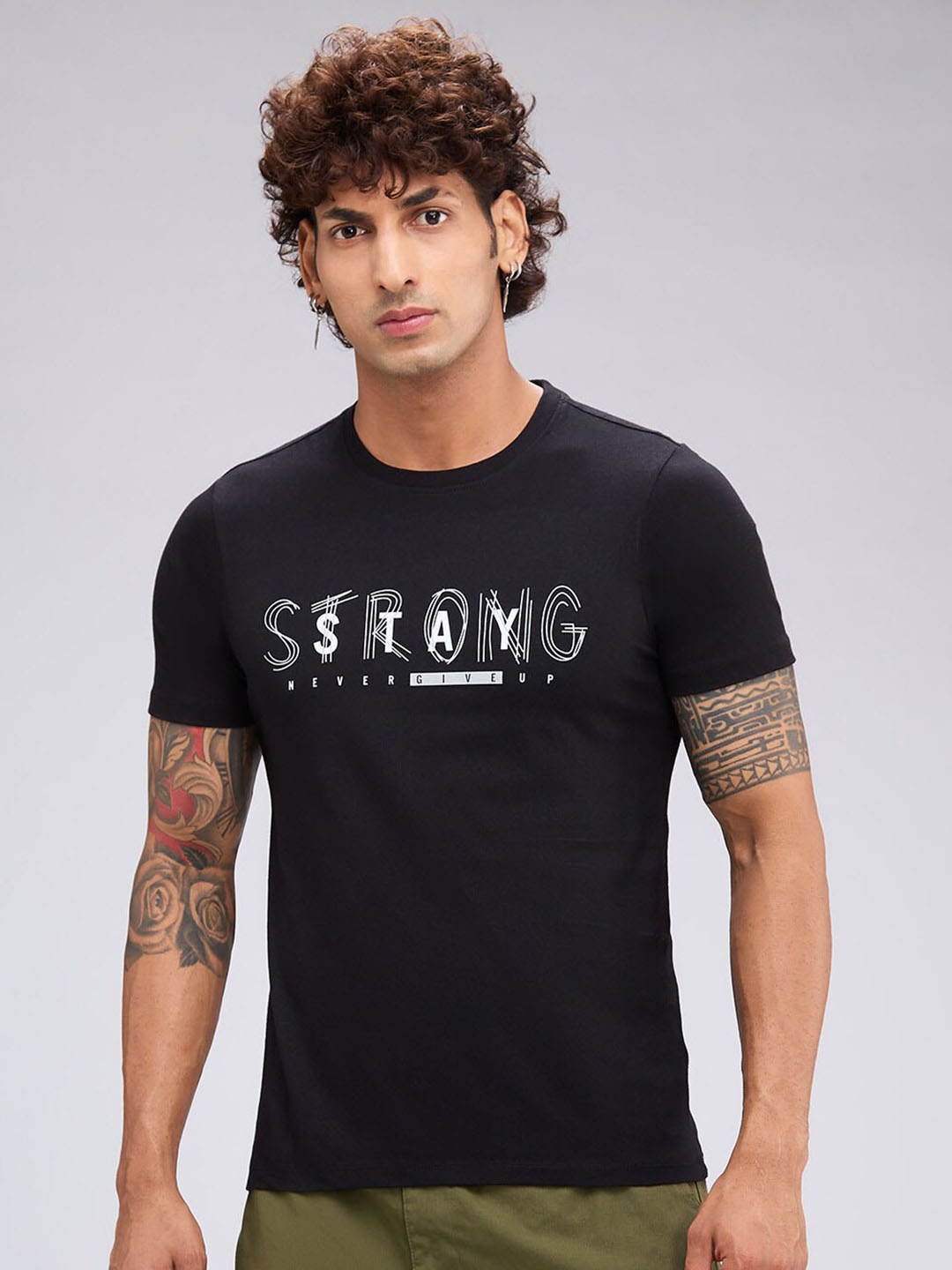 

NOIRA Typography Printed Cotton Casual T-shirt, Black